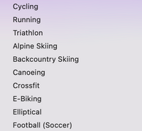 Partial list of Club Sport Type Options