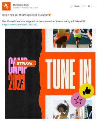 Club Announcement post from The Strava Club about Camp Strava 2023