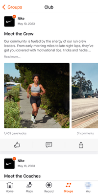 Club Announcement post in the Nike Club on the Strava mobile app