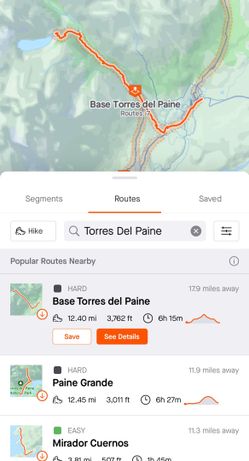 A route created for me in Torres del Paine using the suggested routes feature (which is very similar to the route I created myself)