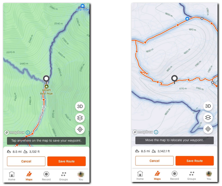 L: Bear Peak south approach.   R: Alternative route back.