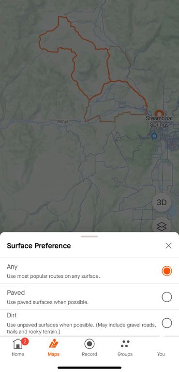 Select the preferred surface type for a suggested route