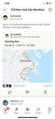 An activity shared through a post in the TCS New York City Marathon club