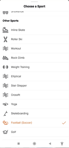 Choose a Sport - Activity types in the Strava app